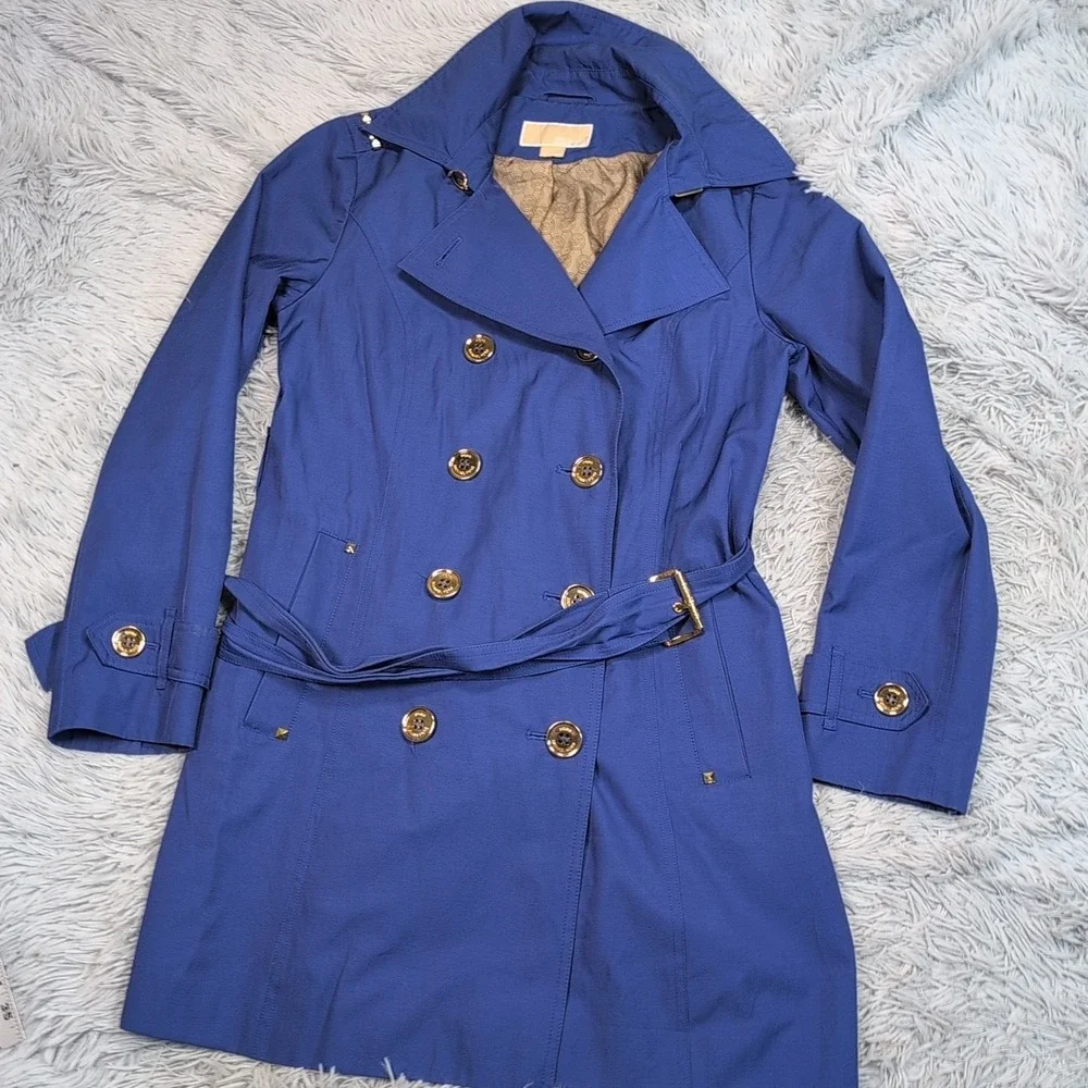 Michael Kors Jacket Womens M Blue Trench Coat‎ Button Up Pockets Career Preppy